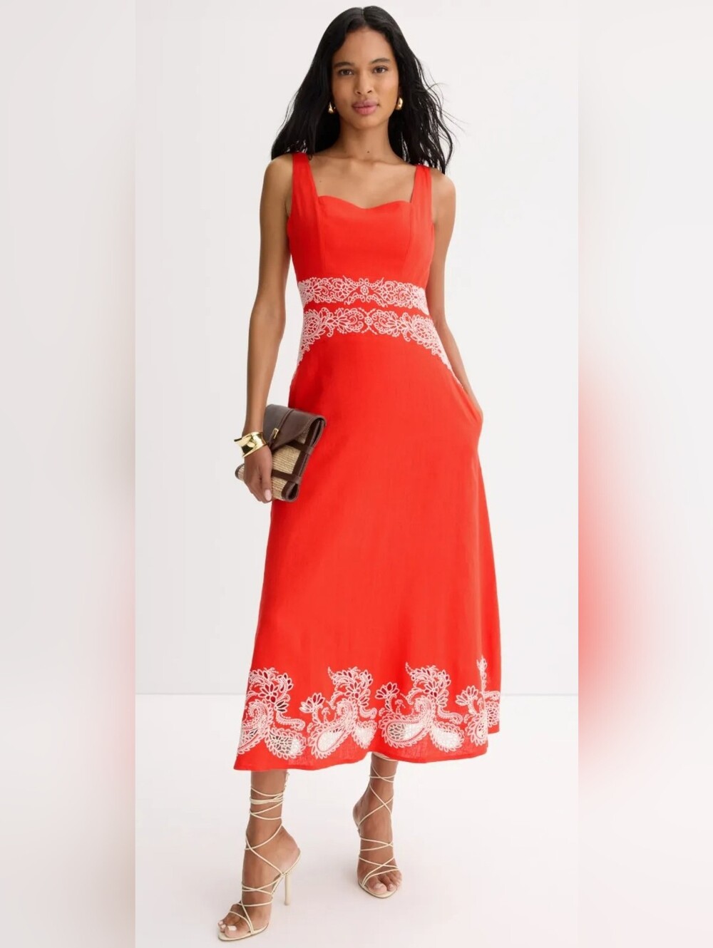 Ted Baker HOT ITEM! Square Neck Embroidered Midi Dress in Red. Sz 6. R2S!